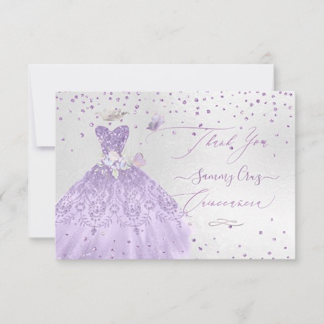 Invitación Quinceanera Gracias Dusty Purple Purpurina Gown (Anverso)