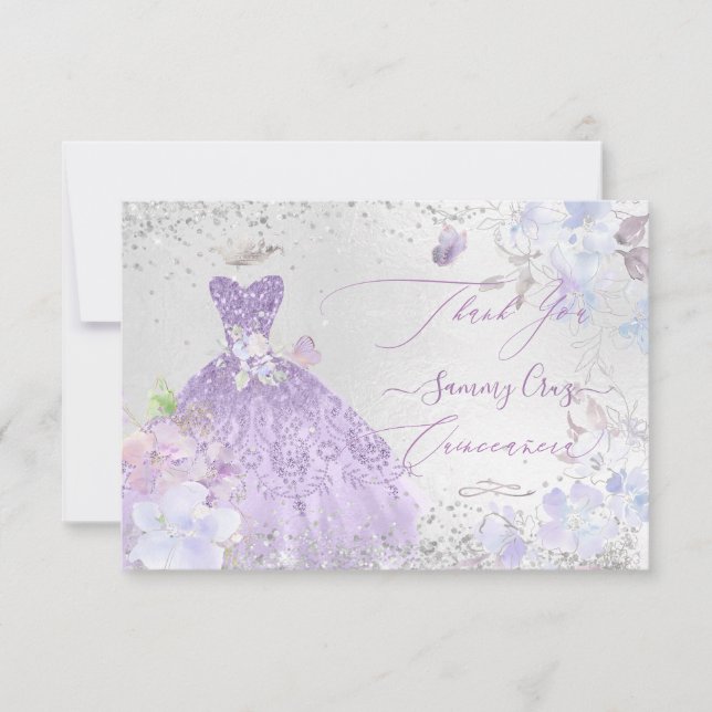 Invitación Quinceanera Gracias Dusty Purple Purpurina Gown (Anverso)