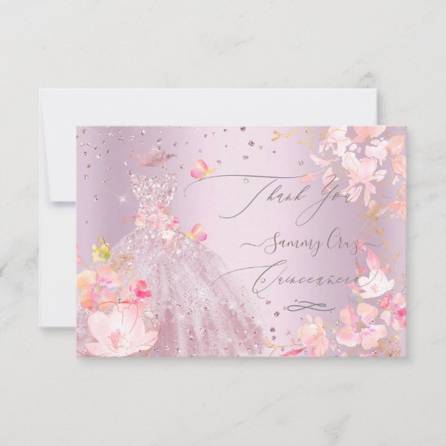 Invitación Quinceanera Gracias Dusty Rosa Purpurina Gown (Anverso)