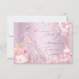 Invitación Quinceanera Gracias Dusty Rosa Purpurina Gown