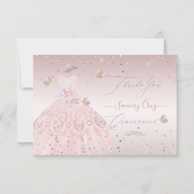 Invitación Quinceanera Gracias Purpurina De Rubor Gown Invita (Anverso)