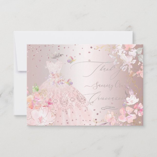 Invitación Quinceanera Gracias Purpurina Rubor Gown (Anverso)