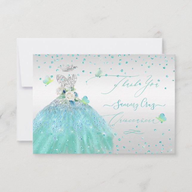 Invitación Quinceanera Gracias Purpurina Silver Turquois (Anverso)