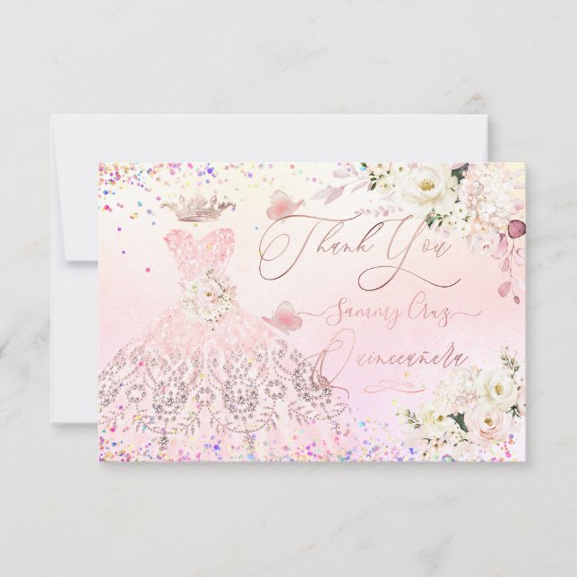 Invitación Quinceanera Gracias Rubor Pink Purpurina Gown Card (Anverso)