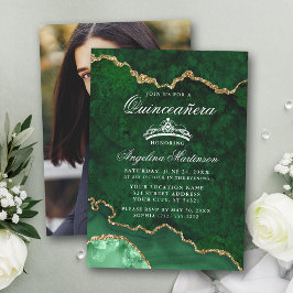 Invitación Quinceanera Green Gold Marble Agite Geode Photo