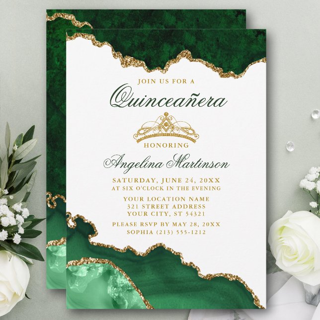Invitación Quinceanera Green Marble Gold Crown (Customize to change text color, text style or add text & photos to back of card.)