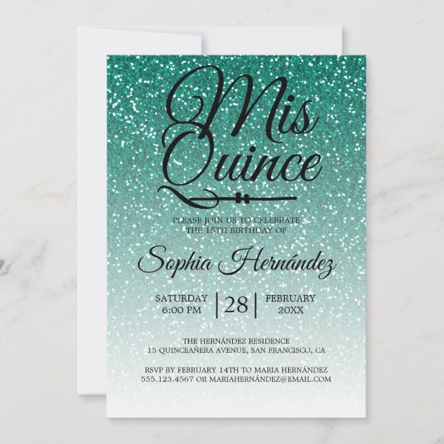 Invitación Quinceañera Green Purpurina 15th Birthday (Anverso)
