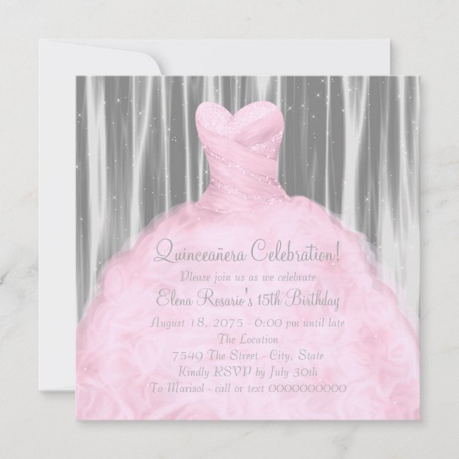 Invitación Quinceañera gris rosa Rubor (Anverso)
