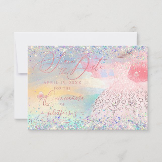 Invitación Quinceanera Guardar la cita con el vestido rosa de (Anverso)