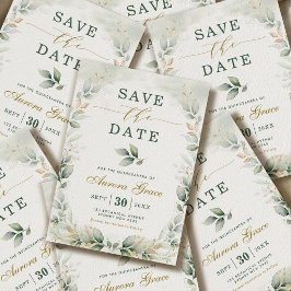 Invitación Quinceañera Guardar la Fecha Verde Dorado Eucalipt