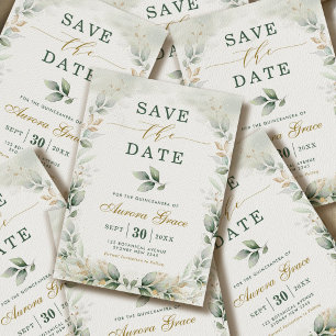 Invitación Quinceañera Guardar la Fecha Verde Dorado Eucalipt