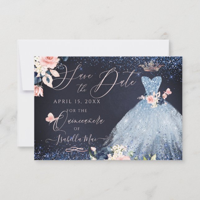 Invitación Quinceañera guardar la fecha vestido azul polvorie (Anverso)