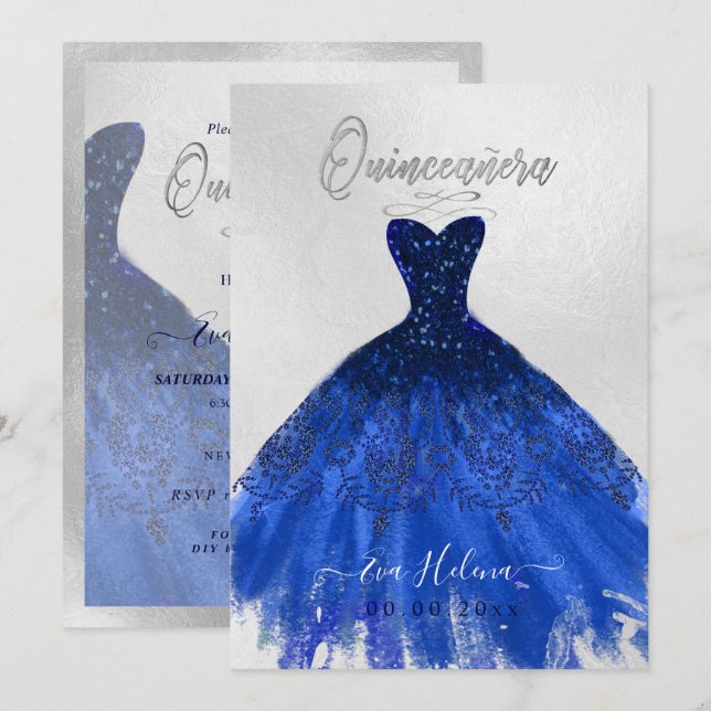 Invitación Quinceañera, Guata de Esparkle, Azul de la Marina (Anverso / Reverso)