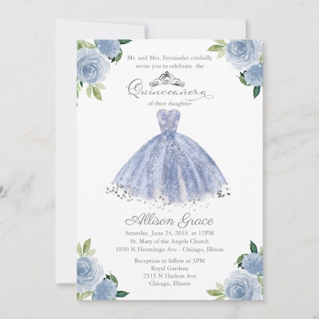 Invitación Quinceanera Guata de Rubor azul bilingü (Anverso)
