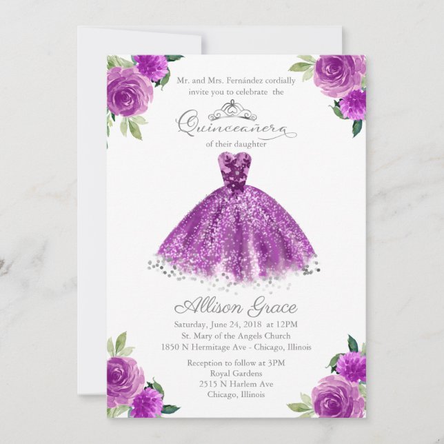 Invitación Quinceanera Guata de Rubor púrpura bili (Anverso)