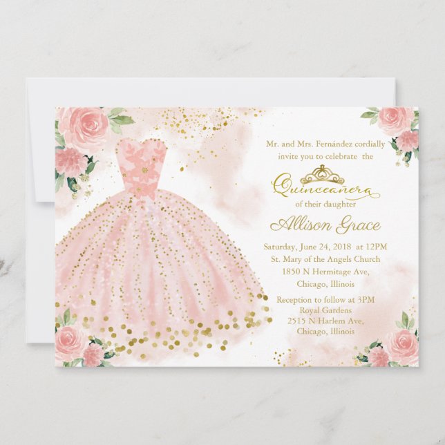 Invitación Quinceanera Guata de Rubor rosa bilingü (Anverso)