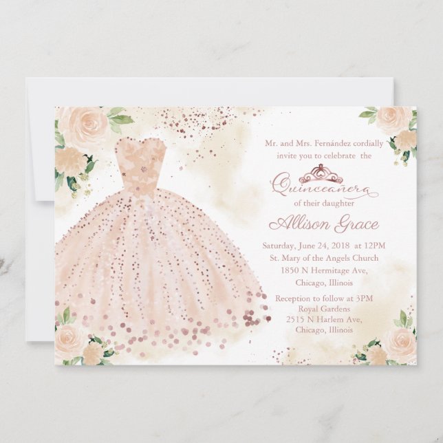 Invitación Quinceanera Guata de Rubor rosa bilingü (Anverso)