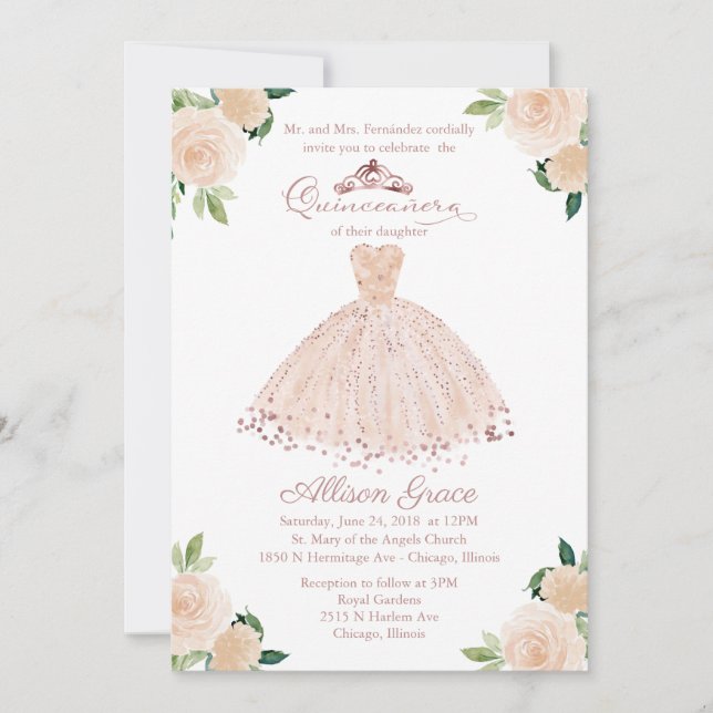 Invitación Quinceanera Guata de Rubor rosa bilingü (Anverso)