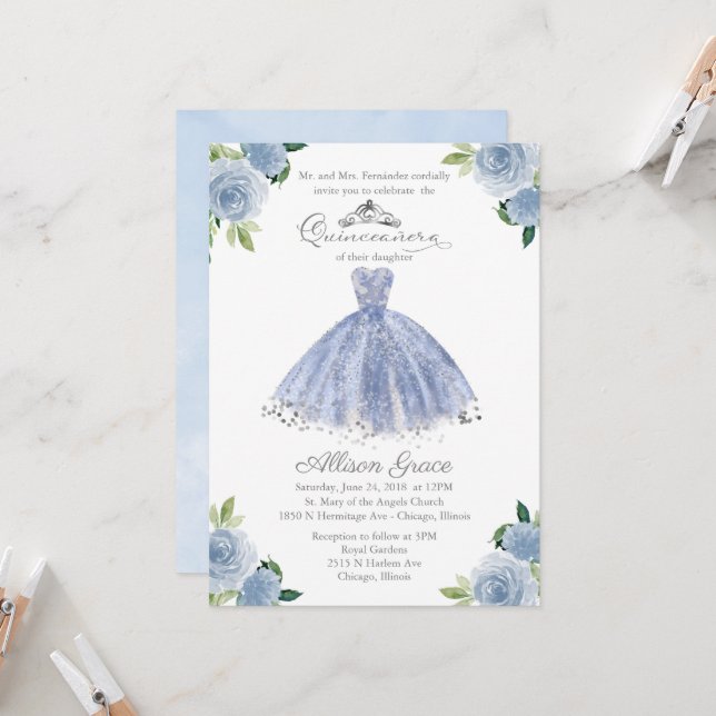 Invitación Quinceanera Guiso Floral Azul Plateado (Anverso/Reverso In Situ)