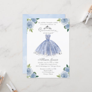 Invitación Quinceanera Guiso Floral Azul Plateado