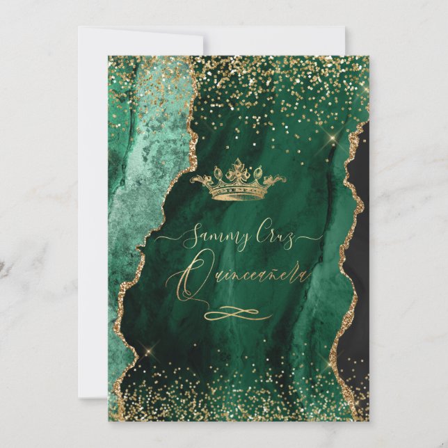 Invitación Quinceanera H2 Jade Green Agate Faux Gold Dust (Anverso)