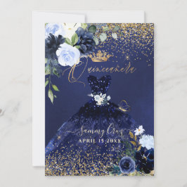 Invitación Quinceanera H2 Purpurina de oro con vestido azul d