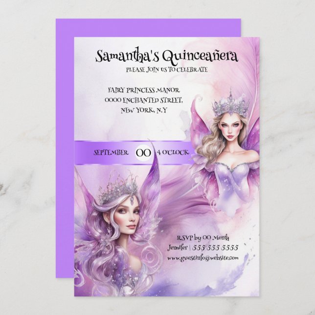 Invitación Quinceañera hada princesa chicas caprichosos (Anverso / Reverso)