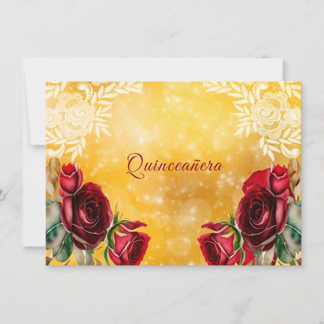 Invitación Quinceanera Hermosa encaje de rosas rojas y oro (Anverso)