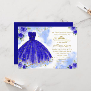 Invitación Quinceañera Hoja de Oro Vestido Azul Re