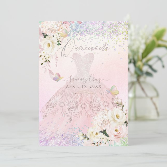 Invitación Quinceanera Holografía Mariposa Rubor Vestido rosa (Anverso de pie)