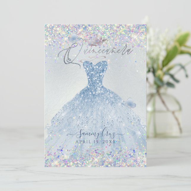 Invitación Quinceanera Holographic Confetti Dusty Blue Vress (Anverso de pie)
