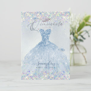 Invitación Quinceanera Holographic Confetti Dusty Blue Vress