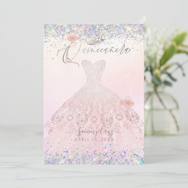 Invitación Quinceanera Holographic Confetti Rubor Vestido ros (Anverso de pie)