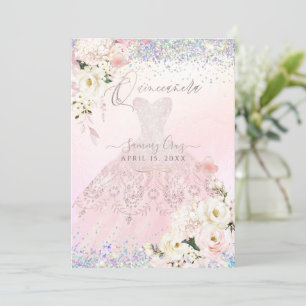 Invitación Quinceanera Holographic Dream Rubor Vestido rosa