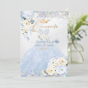 Invitación Quinceanera Holographic Dusty Blue Silver Vestido