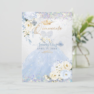 Invitación Quinceanera Holographic Dusty Blue Silver Vestido