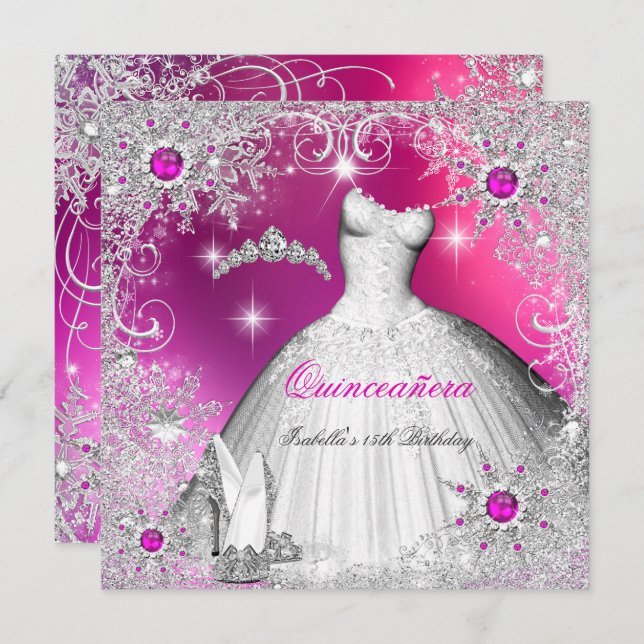 Invitación Quinceanera Hot Pink Pearl Silver Snowflake (Anverso / Reverso)