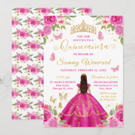 Invitación Quinceañera Hot Pink Princess Brunette Girl