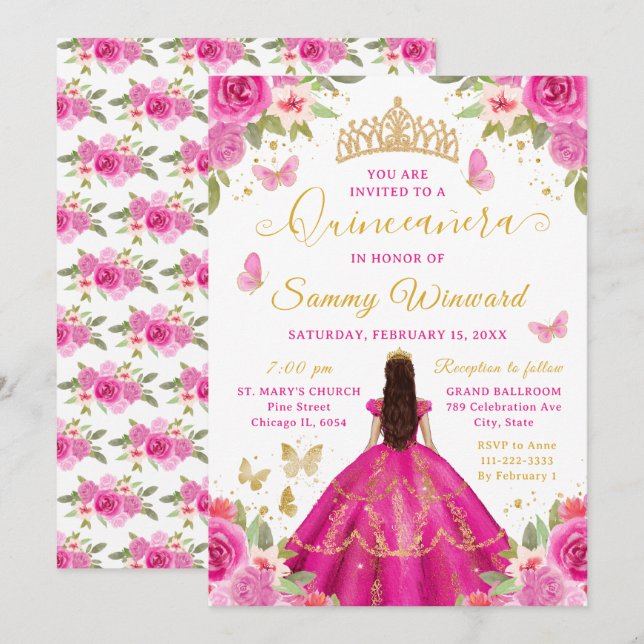 Invitación Quinceañera Hot Pink Princess Brunette Girl (Anverso / Reverso)