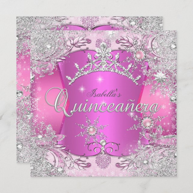 Invitación Quinceanera Hot Pink Winter Wonderland Snowflakes (Anverso / Reverso)
