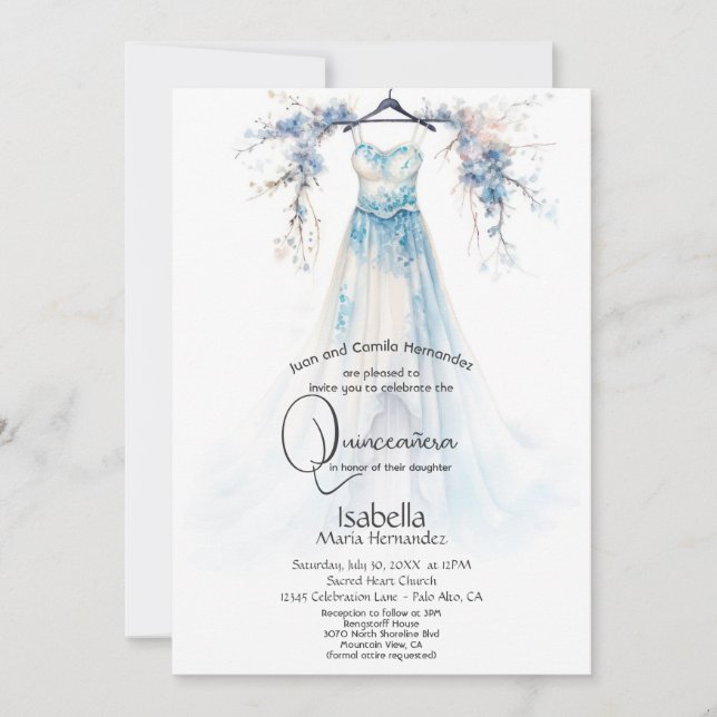 Invitación Quinceañera | Impresionante bata floral azul (Anverso)