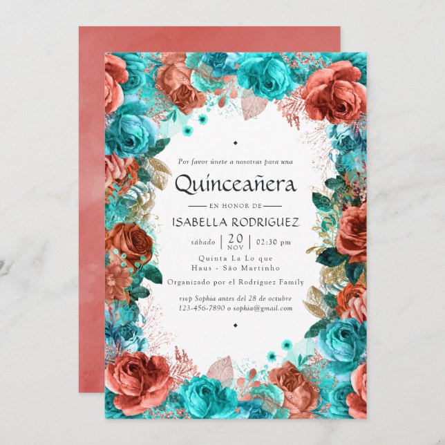 Invitación Quinceañera Inv con flor de coral y turquesa españ (Anverso / Reverso)