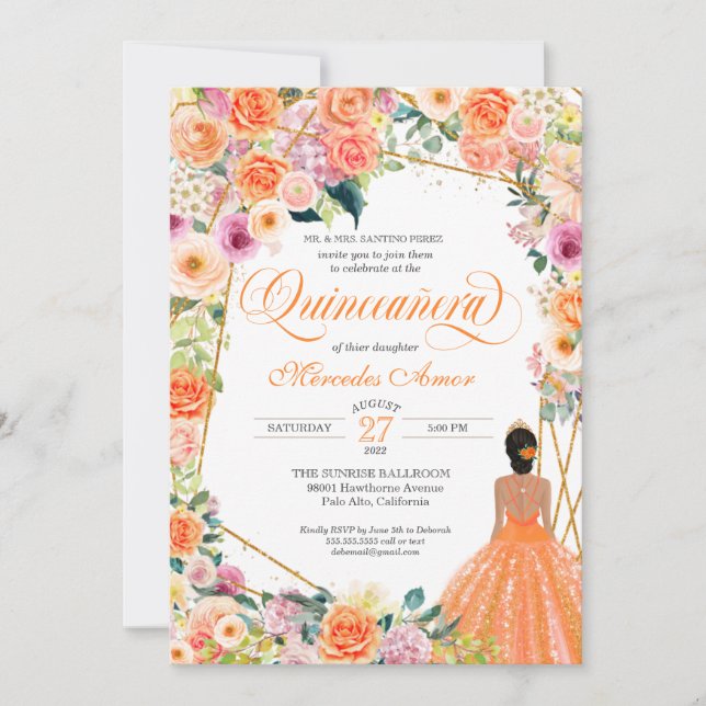Invitación Quinceanera Inv con naranja y rosas rosadas (Anverso)