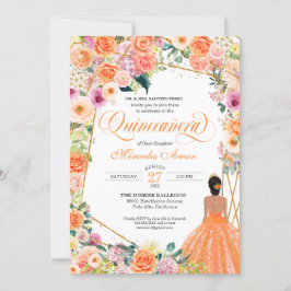 Invitación Quinceanera Inv con naranja y rosas rosadas