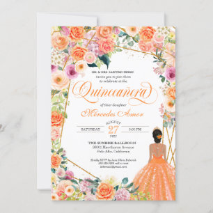 Invitación Quinceanera Inv con naranja y rosas rosadas