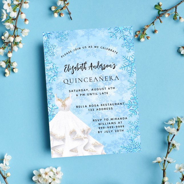 Invitación Quinceanera invierno copos de nieve vestido azul b (Subido por el creador)