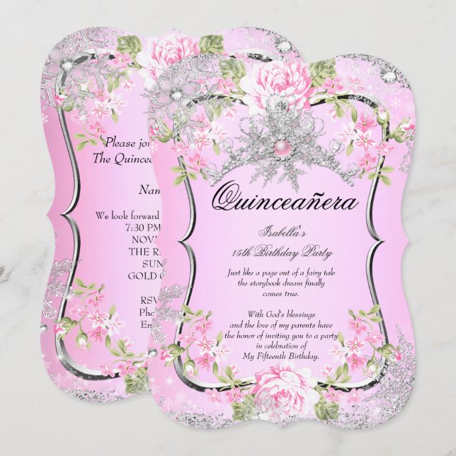 Invitación Quinceañera Invierno Mágico 15 Dulce Rosa (Anverso / Reverso)