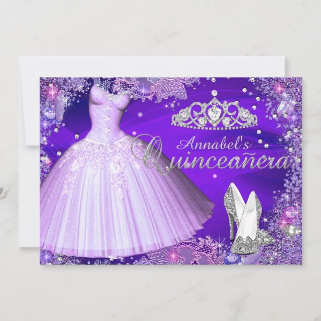 Invitación Quinceanera invita a la espuma morada Tiara y al v (Anverso)