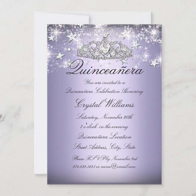 Invitación Quinceanera invita a la espuma morada Tiara y las  (Anverso)