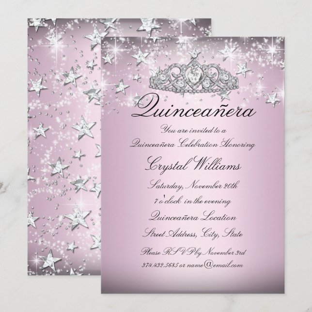 Invitación Quinceanera invita a la estrella rosa de Tiara (Anverso / Reverso)
